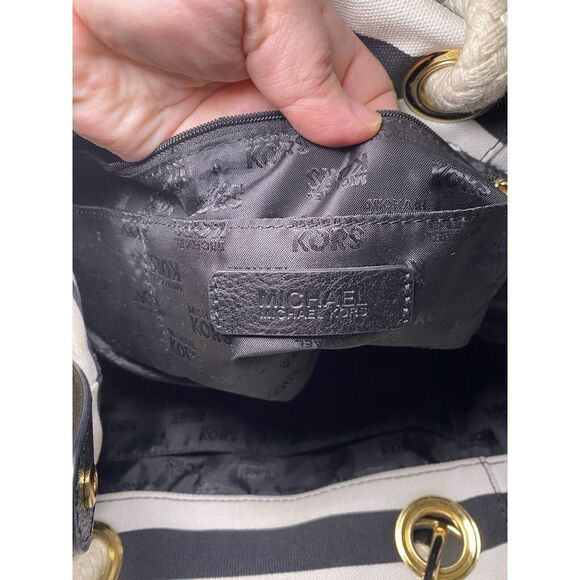 Michael Kors Marina Black White Striped Canvas Anchor Tote Shoulder Bag - Picture 9 of 16